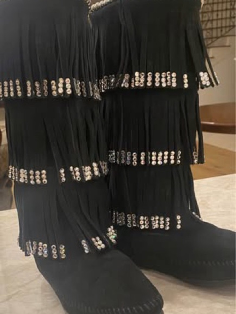 Unique Black Fringe Studded Minnetonka Women’s Boots with crystals